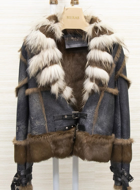 新款皮毛一体机车服爆款高级感小个子羊羔绒牛仔色狐狸毛皮草外套