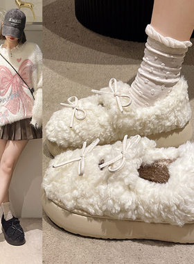 白色低帮毛毛棉鞋2025新款女生蝴蝶结雪地靴冬季保暖外穿厚底防滑