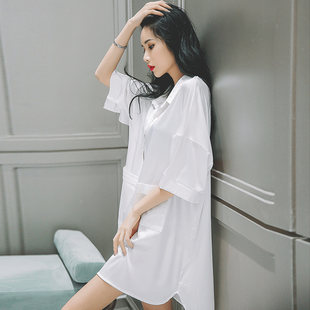 衬衣睡裙宽松纯欲风白衬衫 长款 性感短袖 2026年新款 冰丝睡衣女夏季