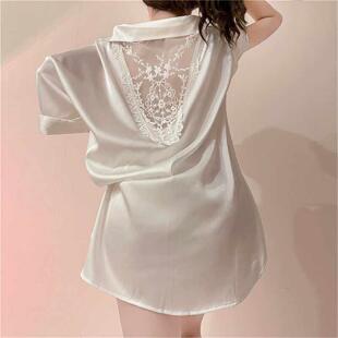 夏季 睡裙女薄款 衬衣裙子睡袍蕾丝镂空睡衣女家居服纯欲风 衬衫 夏款