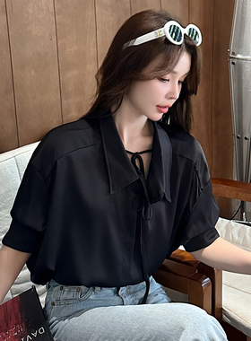 现货发！Ancora秀场衬衫G家轻奢感白色黑色衬衫女系带设计感上衣