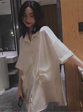 夏季冰丝睡裙女薄款性感睡衣女款2026年新款短袖衬衫可外穿家居服
