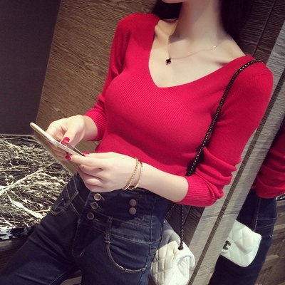 v领红色打底衫毛衣女新款过年本命年可穿洋气内搭修身针织衫上衣