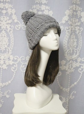 欧美简约气质百搭灰色休闲卷边毛球球毛线帽针织帽子秋冬季款男女
