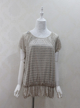 秒杀不退不换！日系米灰色蝴蝶结装饰波浪袖条纹短袖T恤衫上衣女