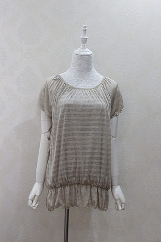 秒杀不退不换！日系米灰色蝴蝶结装饰波浪袖条纹短袖T恤衫上衣女