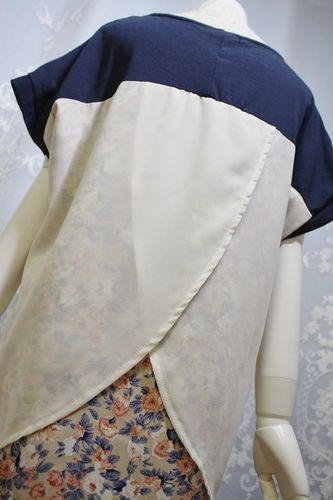 日本森女文艺深蓝色背后碎花雪纺拼接休闲宽松短袖T恤衫上衣新款