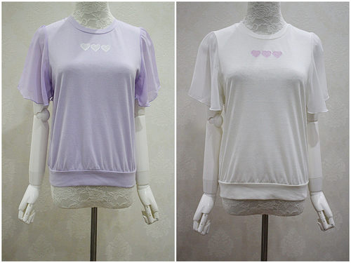 日本单甜美刺绣爱心雪纺飞飞袖拼接香芋紫淡黄色短袖T恤衫上衣女