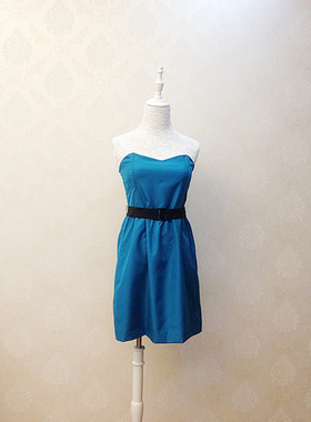 秒杀不退不换！欧美单孔雀蓝绿色修身无袖抹胸连衣裙礼服裙裹胸裙