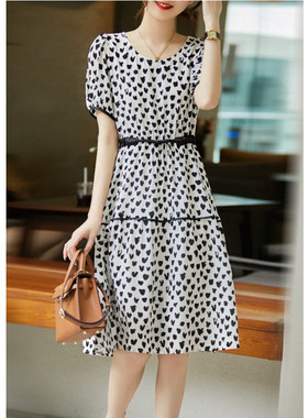 FMSS相思心形印花 顺滑飘逸+双绉桑蚕丝 腰间抽绳连衣裙女夏