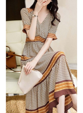 FMSS般的裙身式桑蚕丝连衣裙大气如别致轻盈时髦精巧复古印花拼接