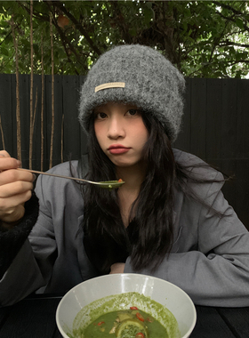 大头围灰色仿羊绒羊毛毛线帽女冬季保暖显脸小针织帽百搭堆堆冷帽