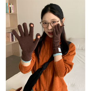 韩系ins标含羊毛针织贴布手套女秋冬骑行保暖长款可触屏分指手套