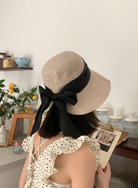 日系女孩！黑色大蝴蝶结飘带渔夫帽女夏天淑女遮阳亚麻凹造型盆帽