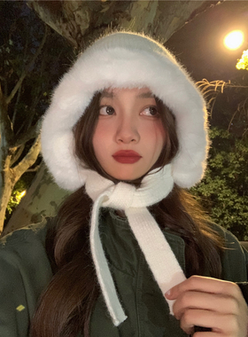 爱了！韩系白色兔毛绒针织护耳帽飘带针织帽女保暖加绒毛毛雷锋帽