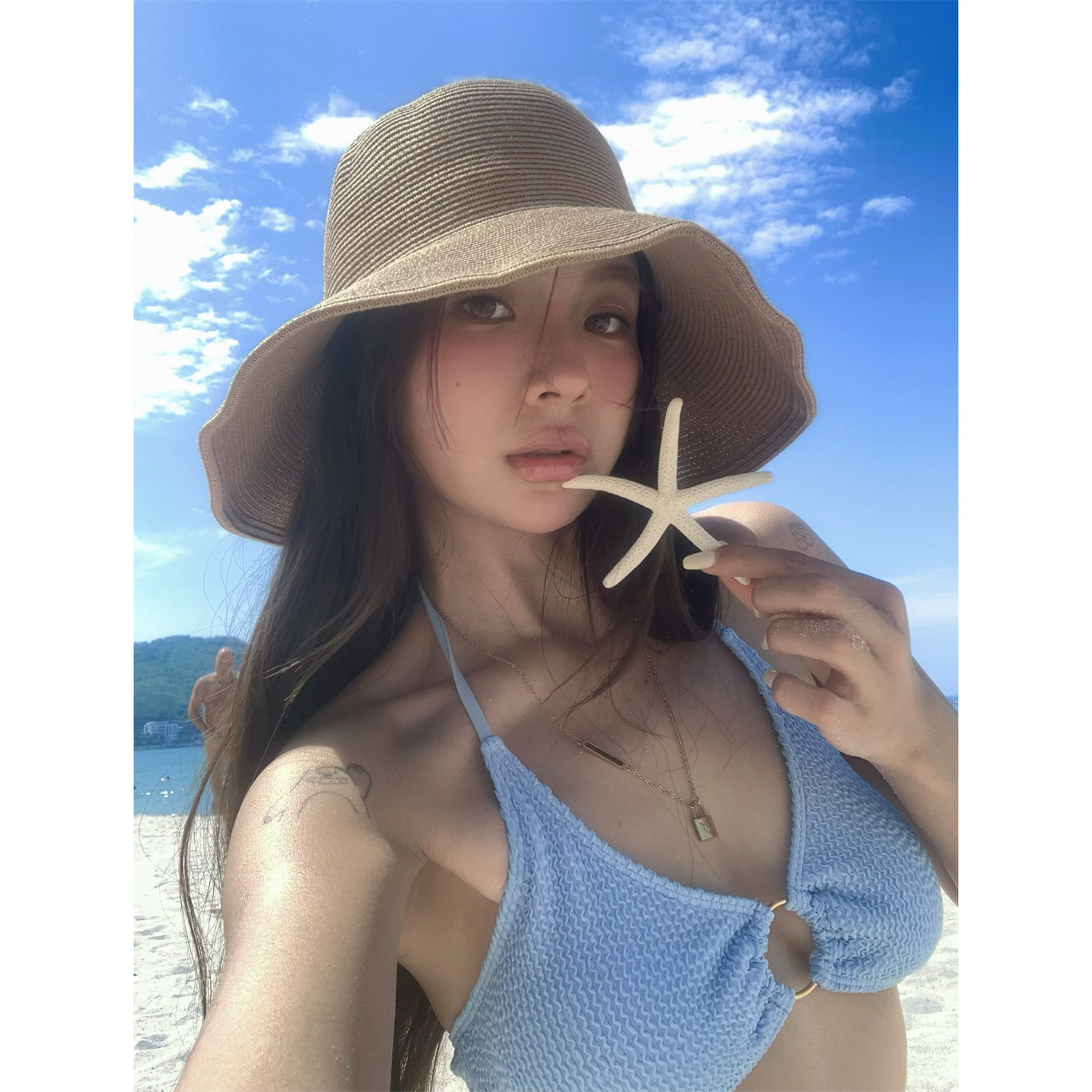 博主同款~大帽檐简约纯色草编渔夫帽女夏防晒海边度假沙滩草帽子