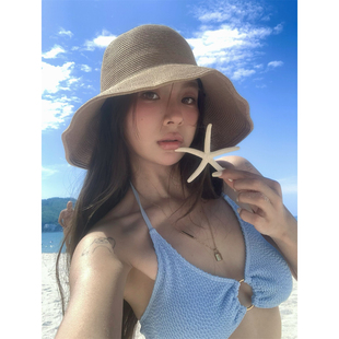 博主同款~大帽檐简约纯色草编渔夫帽女夏防晒海边度假沙滩草帽子