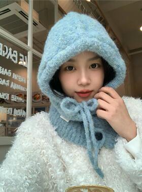 定染蓝色~显白羊毛混纺巴拉克拉法帽女保暖针织围脖一体护耳帽子