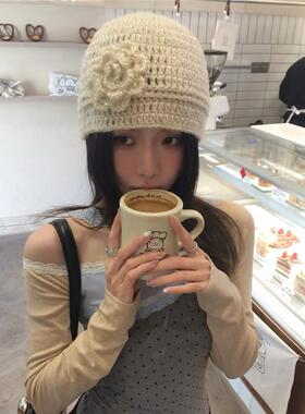 神仙藤井树同款~手工钩花朵针织毛线帽女ins小众复古显脸小包头帽