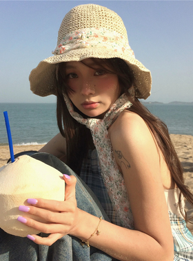hin美！仙~甜美小碎花珍珠草帽女夏显脸小防晒飘带海边度假渔夫帽