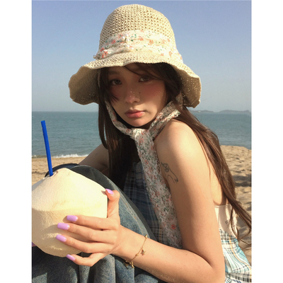 hin美！仙~甜美小碎花珍珠草帽女夏显脸小防晒飘带海边度假渔夫帽