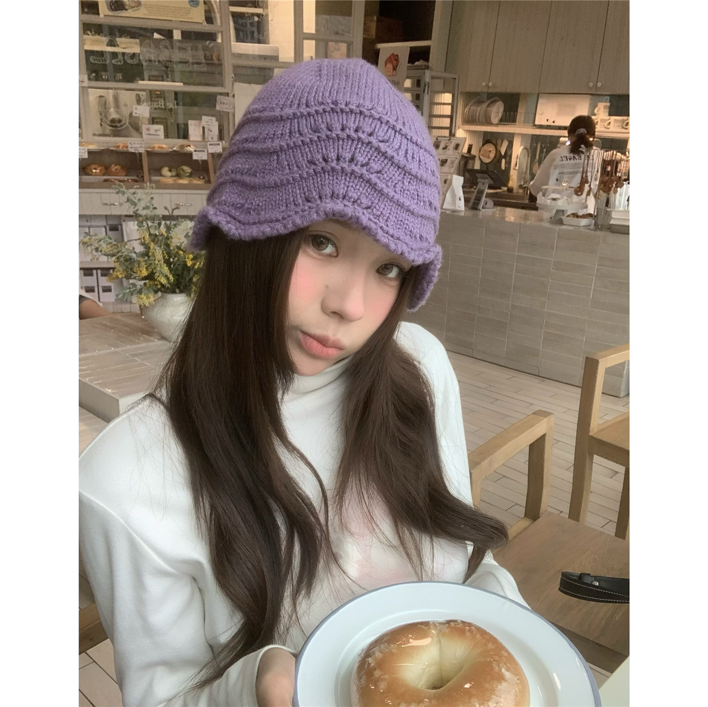浪漫紫｜韩国代购纯色镂空花边毛线帽子女秋冬百搭显脸小针织盆帽