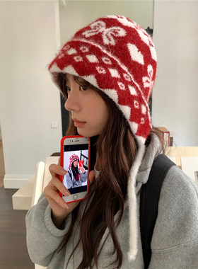 本期zui爱｜25ss复古提花菱格护耳帽子女冬显脸小辫子保暖毛线帽