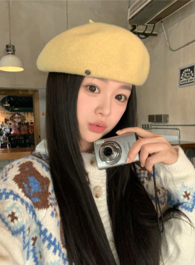 神仙藤井树同款~100%纯羊毛鹅黄色立体贝雷帽女秋冬显脸小画家帽