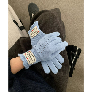 韩代款 保暖可触屏学生分指手套 蕾丝镂空花边羊毛针织手套女冬季