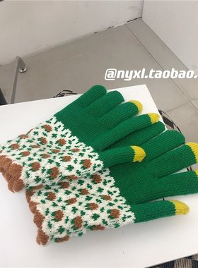 韩版ins复古绿色小花花手套女秋冬保暖百搭可爱学生五指针织手套