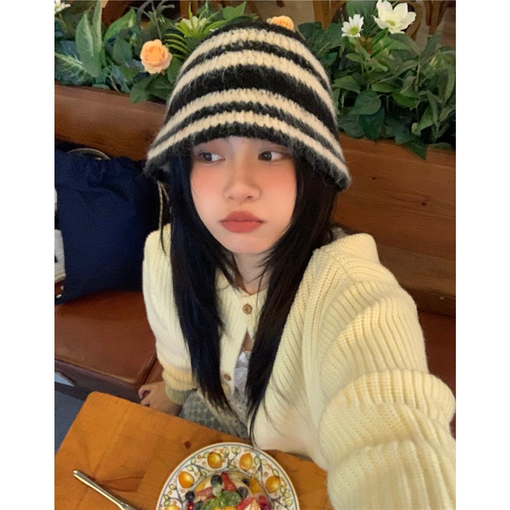 渔夫帽新款显脸小条纹百搭秋冬