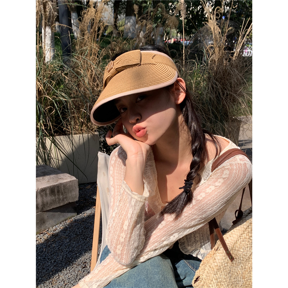 新款小香风编织夏季草编空顶帽蝴蝶结海边遮阳防晒草帽