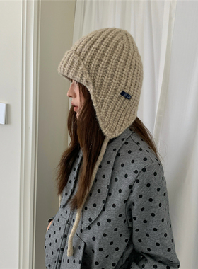 韩系简约｜纯色针织护耳飞行帽子女冬保暖宽松显脸小绑带雷锋帽潮