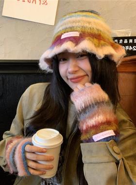 配色hin好看~韩系彩色荷叶边条纹毛绒针织渔夫帽女冬季毛线盆帽潮