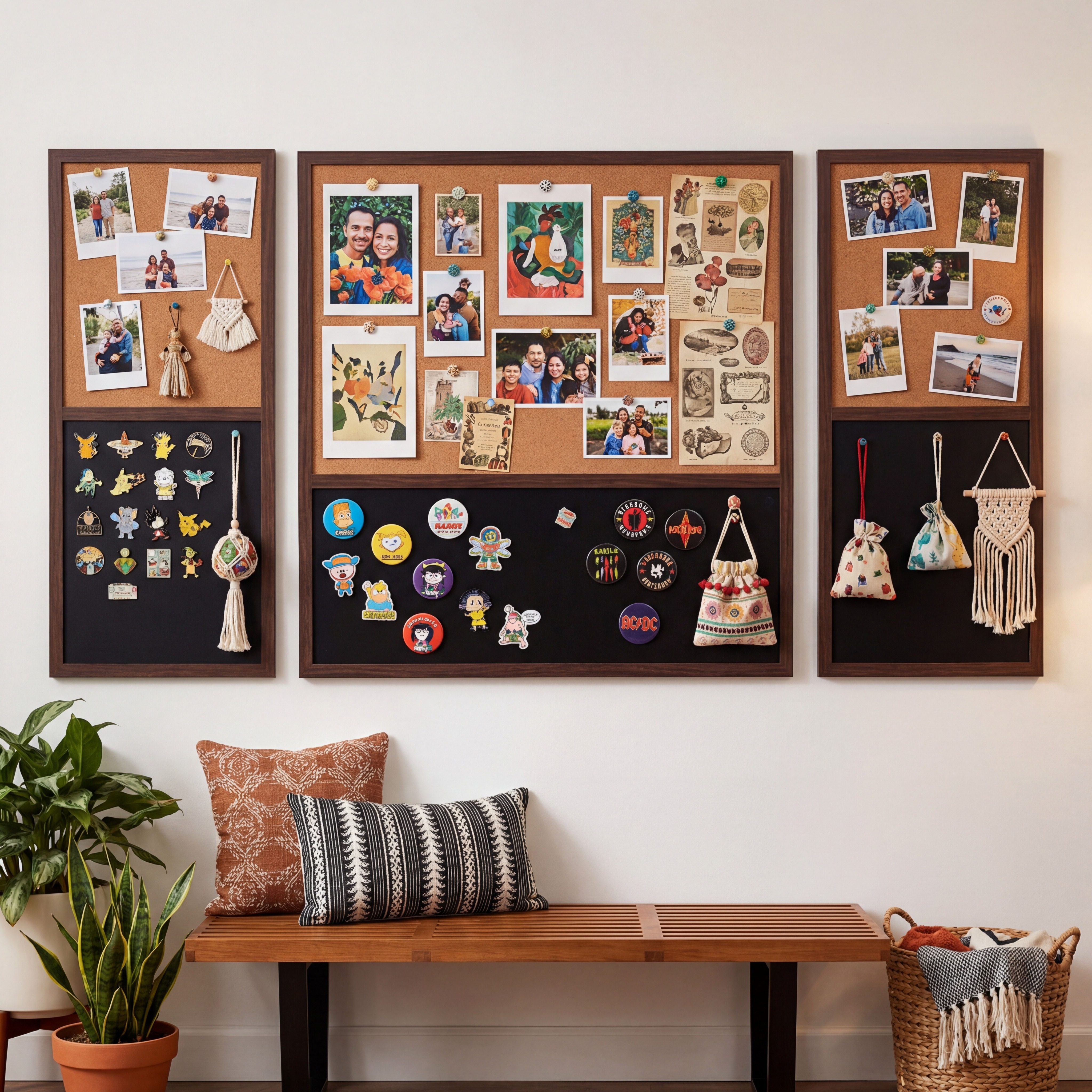 黑板软木板组合磁吸照片墙客厅创意diy背景板磁吸冰箱贴收纳卧室玄关展示板高级感装饰相片展示墙实木小尺寸