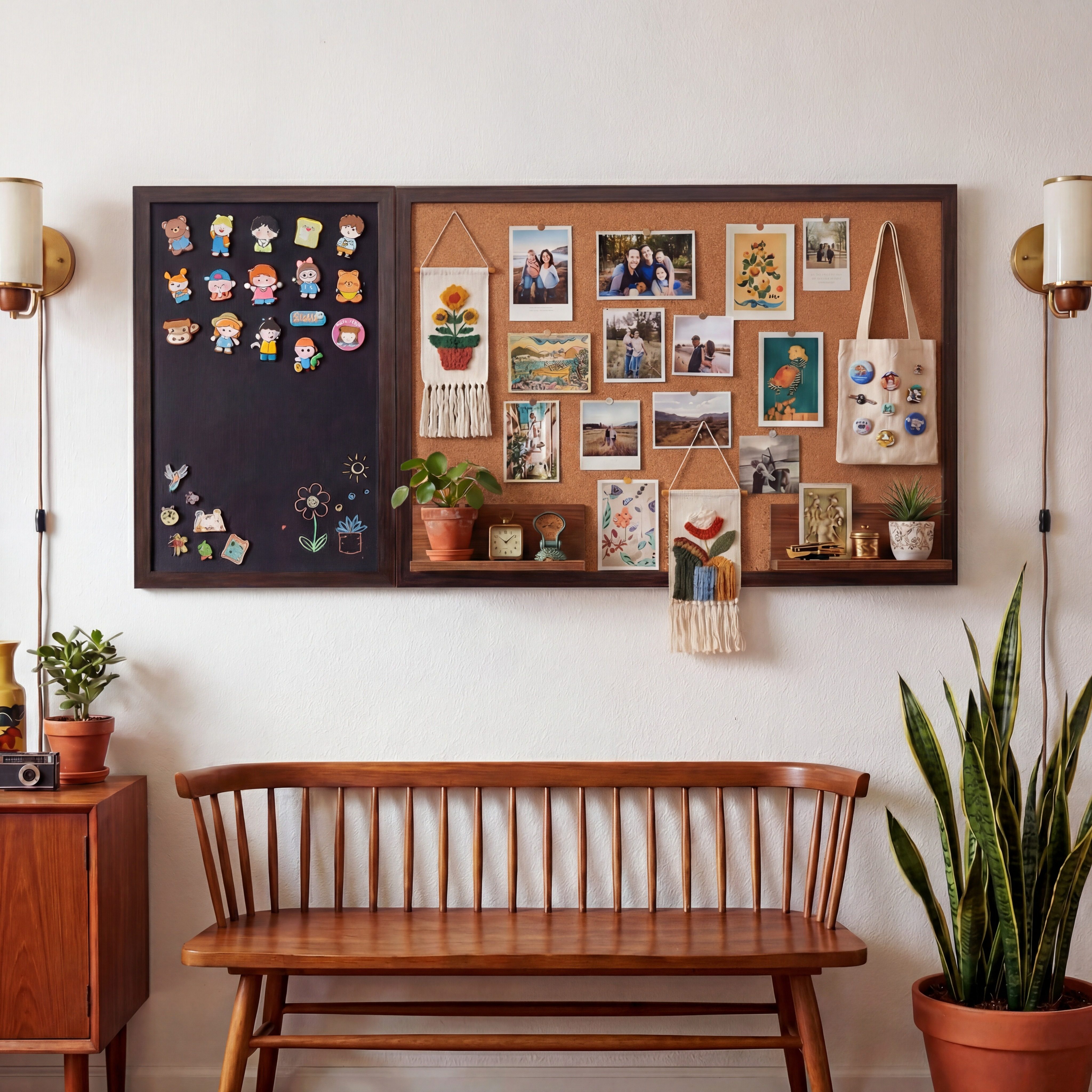 黑板软木板组合磁吸照片墙客厅创意diy背景板磁吸冰箱贴收纳卧室玄关展示板高级感装饰相片展示墙实木小尺寸