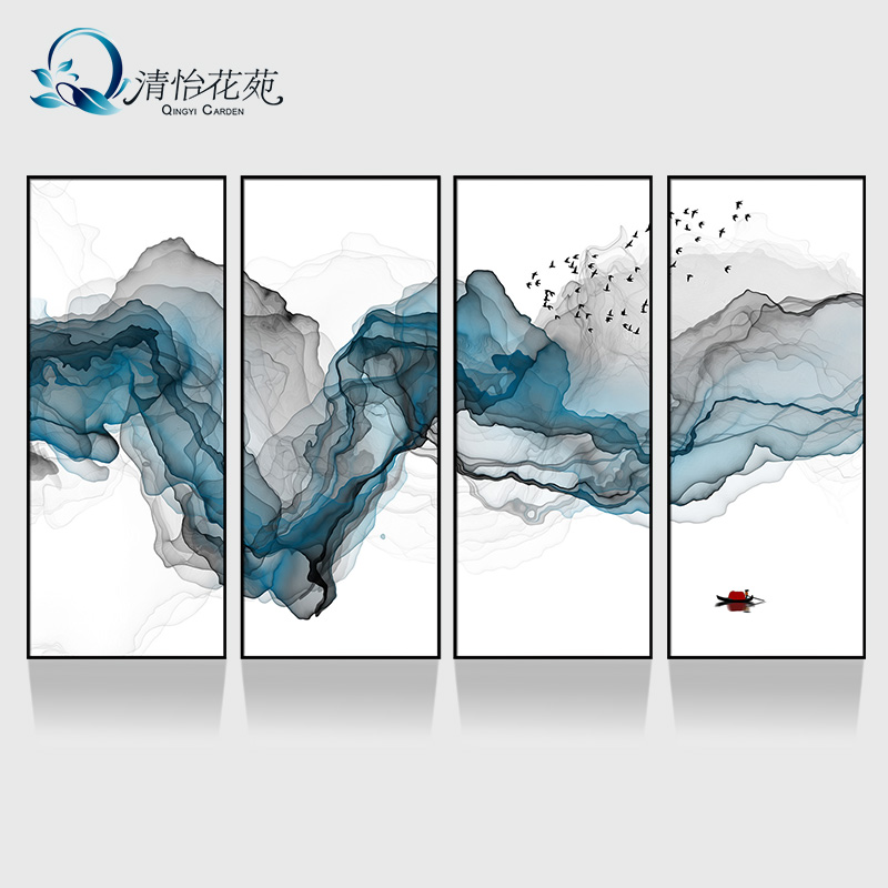 壁畫現代客廳裝飾畫新中式四聯組合酒店掛畫抽象辦公室山水晶瓷畫