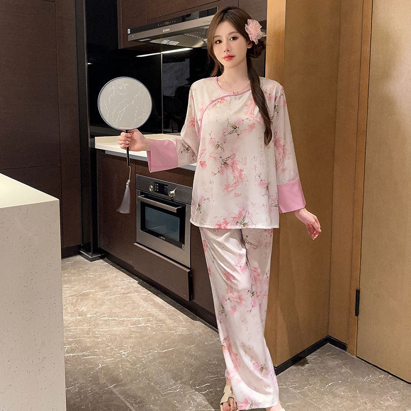 新中式睡衣女冰丝长袖新款春秋夏款国风高级感薄款丝绸睡裤两件套