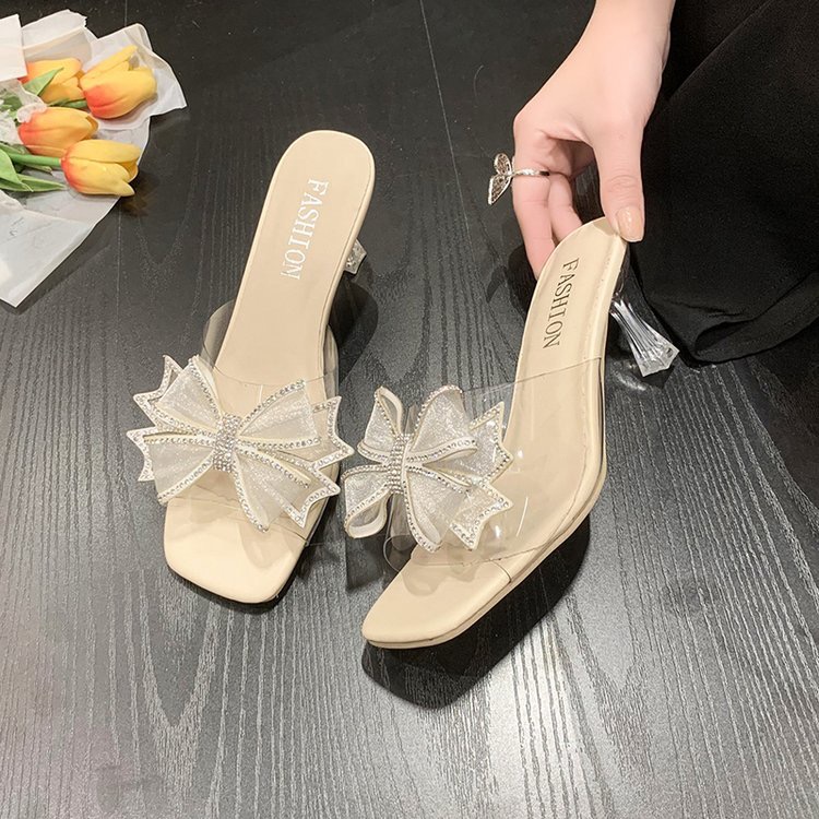 35-46码 大码女鞋45小众水钻蝴蝶结高跟拖鞋女44法式水晶一字拖43