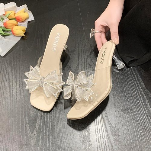 35-46码 大码女鞋45小众水钻蝴蝶结高跟拖鞋女44法式水晶一字拖43