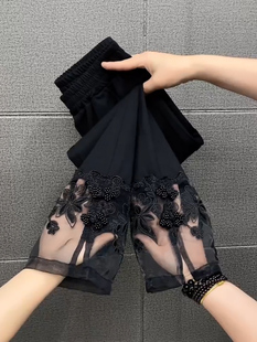 高腰绣花速干休闲九分裤 显瘦春夏新款 弹力修身 欧货拼纱喇叭裤