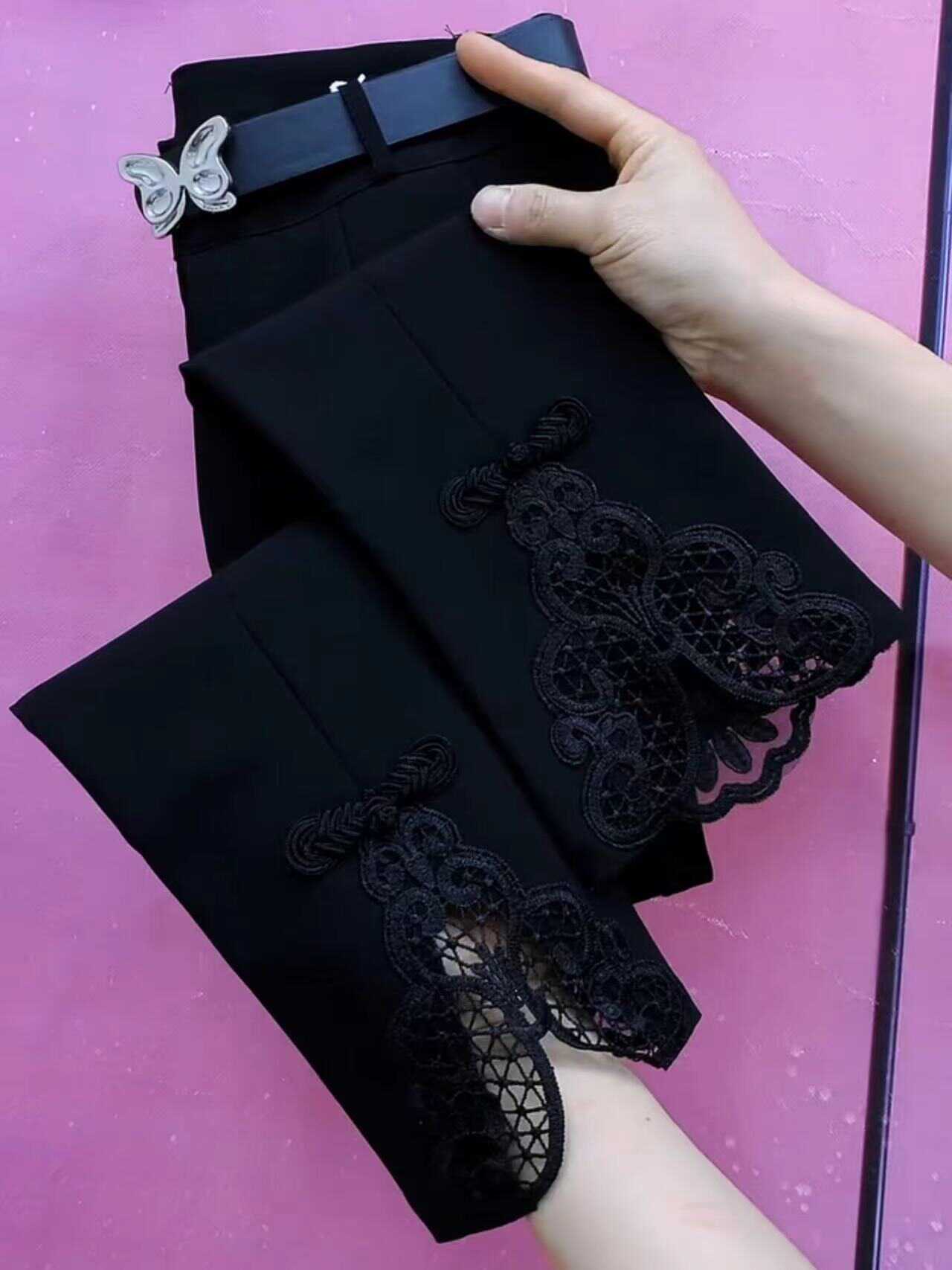 南韩弹力八分烟管裤2026春夏新款高腰显瘦百搭蕾丝拼接小西裤