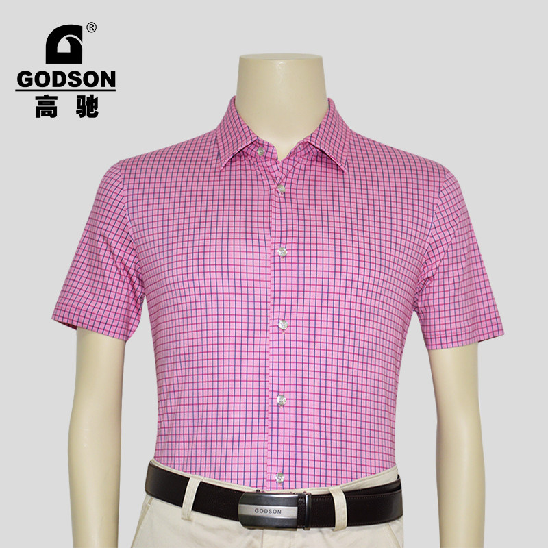 高驰玫红色翻领纯棉免烫小格短袖衬衫2021夏季新品青春休闲衬衣