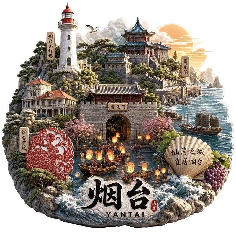 烟台景点金属冰箱贴蓬莱阁养马岛烟台山地标文创磁贴 山东旅游
