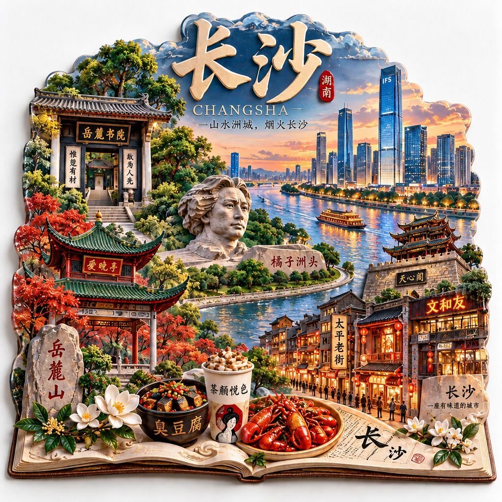 长沙橘子洲景点金属立体浮雕冰箱贴旅游纪念品文创伴手礼国潮装饰