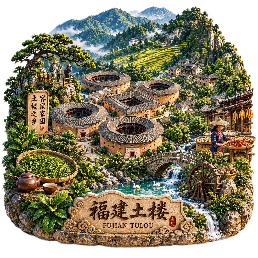 福建土楼景点金属浮雕冰箱贴旅游纪念品客家建筑伴手礼国潮装饰
