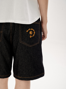 BornToChaos复古日系水洗牛仔刺绣logo中裤五分裤硬挺抗皱可调节