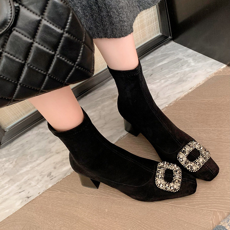 小码322 33水钻扣绒面粗跟方头弹力短靴2025秋季后拉链舒适瘦瘦靴,女鞋,切尔西靴,淘宝优惠券,粉丝福利购,淘宝优惠卷