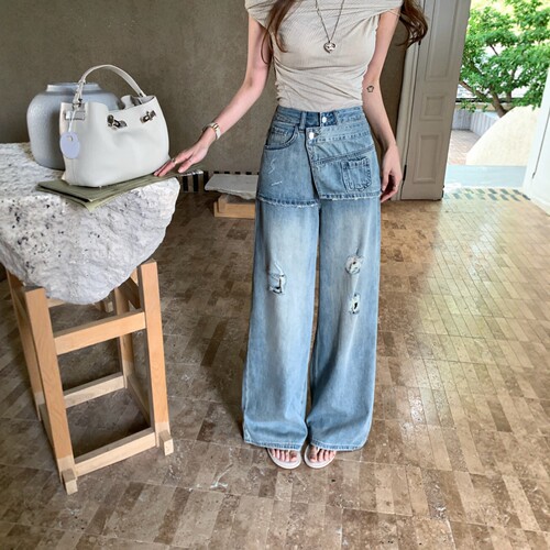 洗水破洞百搭阔腿牛仔裤女