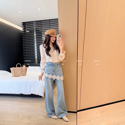 蕾丝屁帘拼接阔腿牛仔裤